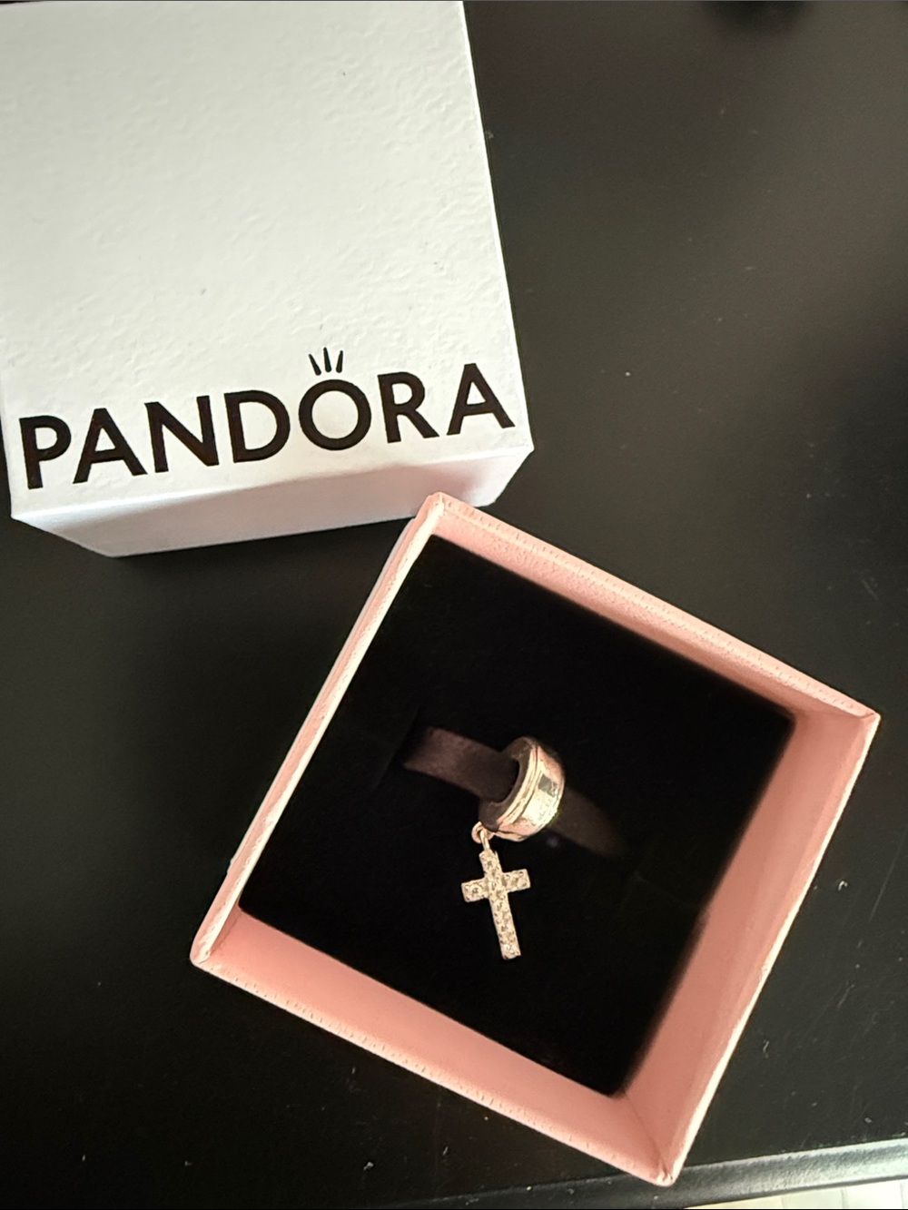 Pandora Silver Cross Dangle Charm with Pink Box